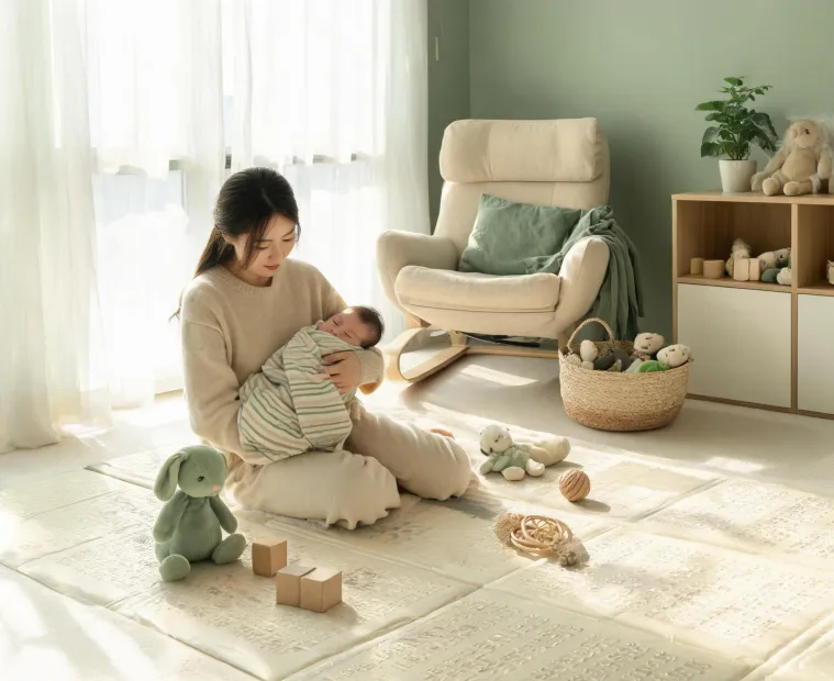 Family using swaddle blanket and play mat at home