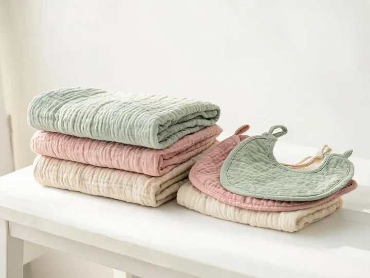 Cotton muslin swaddles stacked in nursery colors