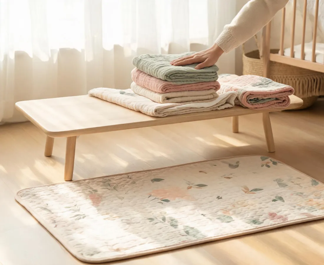 Folded muslin swaddles and outdoor play essentials in a calm nursery