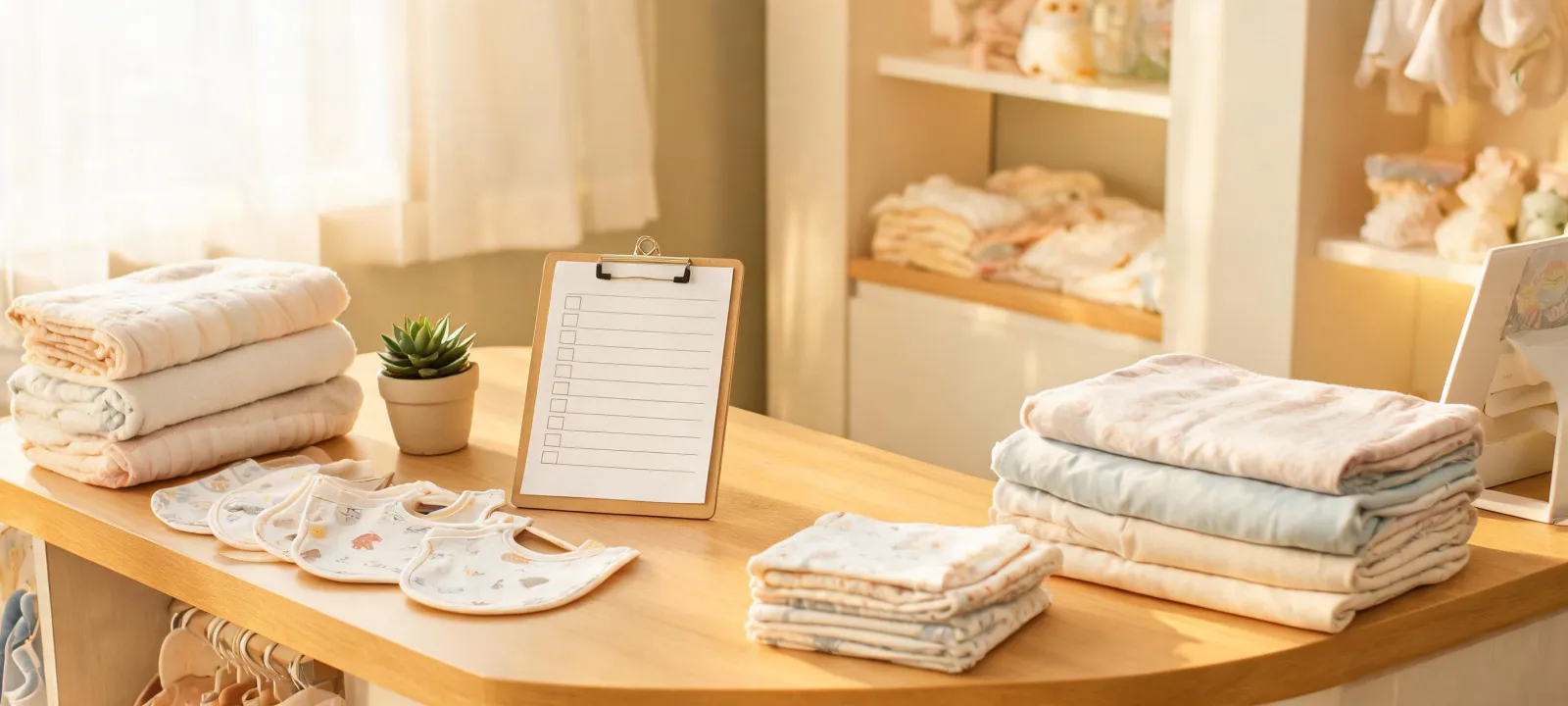 Parent reviewing nursery textile assortment with service notes